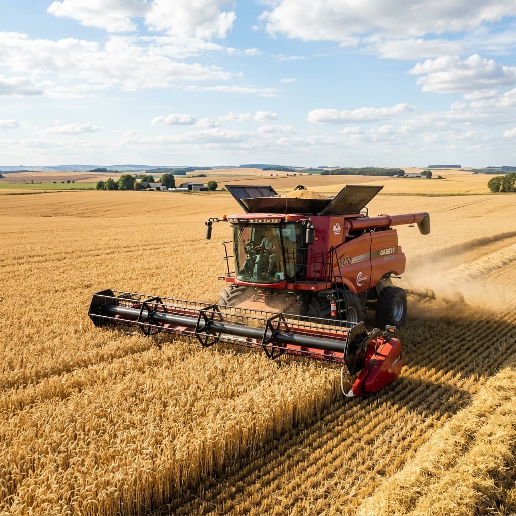 Harvester in wheat field
